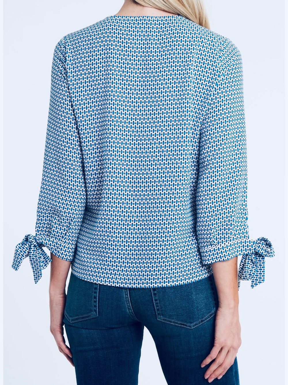 CeCe Light Blue Geometric V-Neck Tie-Sleeve Blouse - Picture 2 of 10